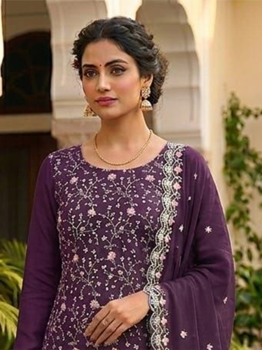 Wine Vichitra Silk Embroidery Wedding Party Festival Casual Pant Salwar Kameez