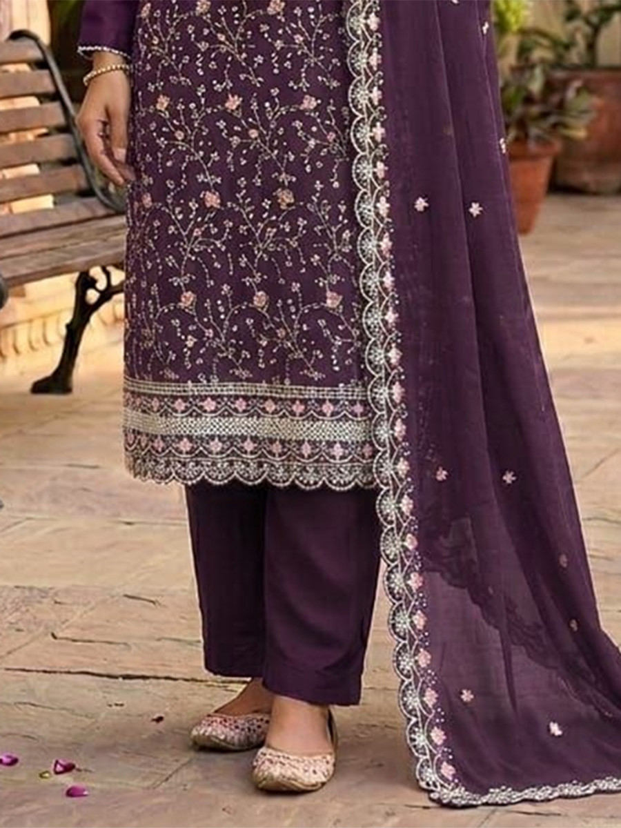 Wine Vichitra Silk Embroidery Wedding Party Festival Casual Pant Salwar Kameez