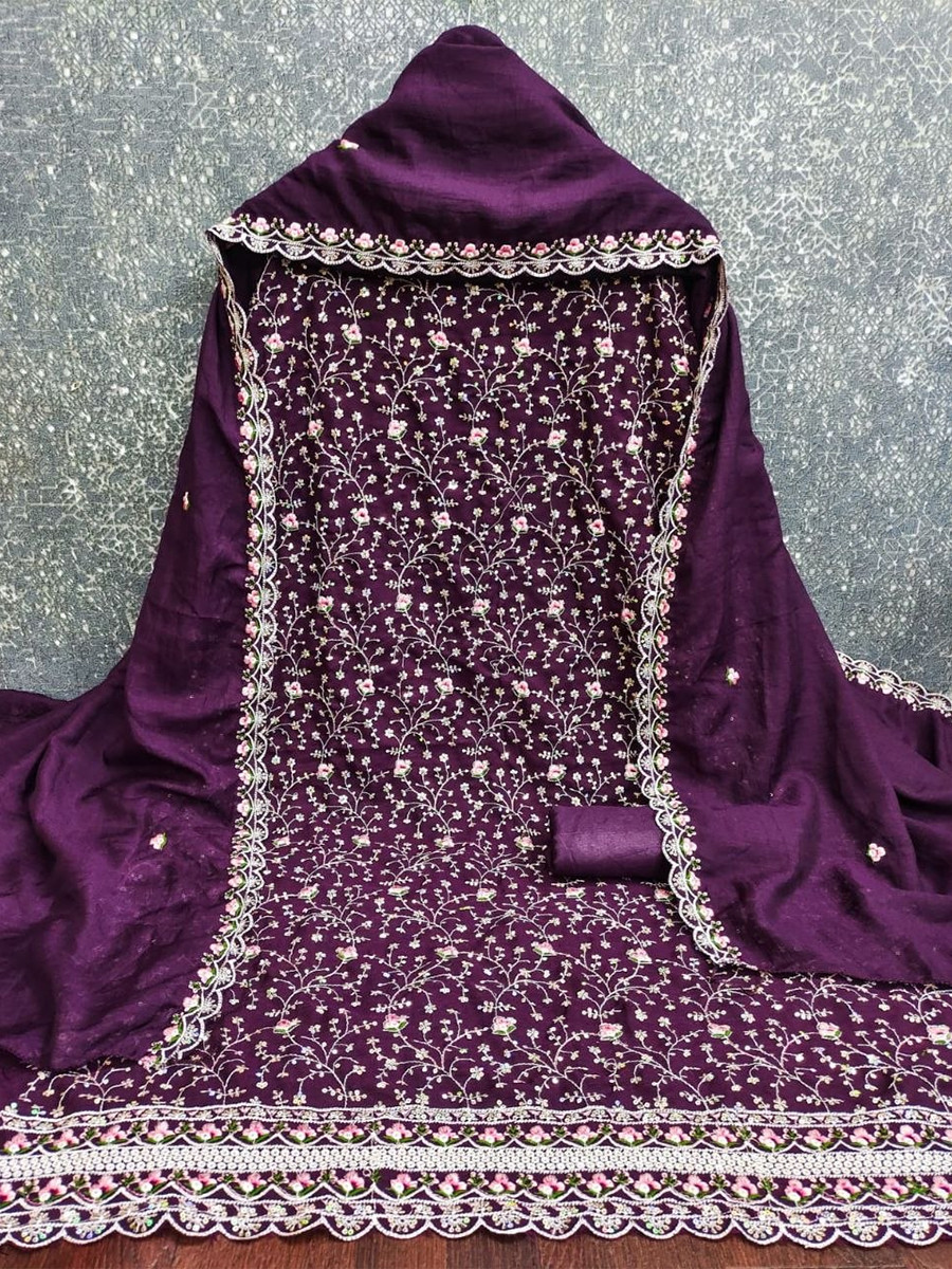 Wine Vichitra Silk Embroidery Wedding Party Festival Casual Pant Salwar Kameez