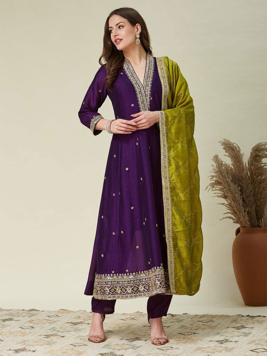 Wine Vichitra Silk Embroidery Wedding Party Festival Casual Ready Pant Salwar Kameez