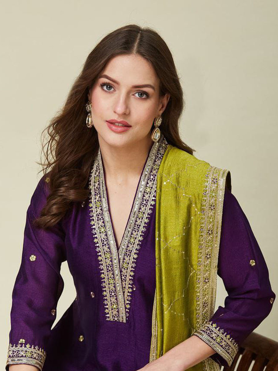 Wine Vichitra Silk Embroidery Wedding Party Festival Casual Ready Pant Salwar Kameez