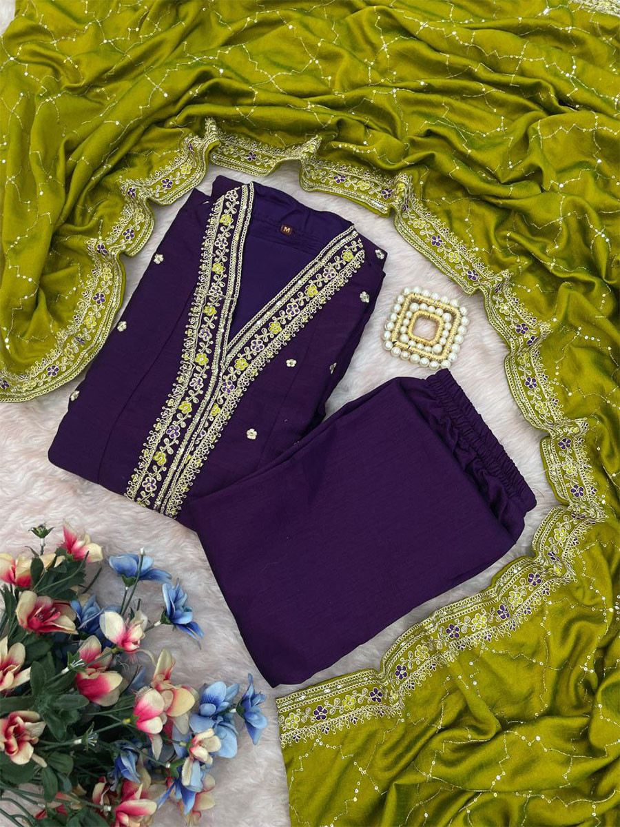 Wine Vichitra Silk Embroidery Wedding Party Festival Casual Ready Pant Salwar Kameez