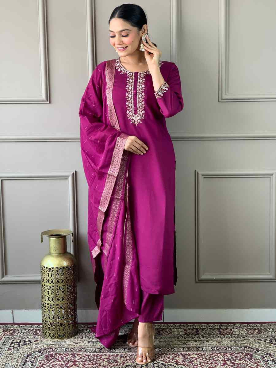 Wine Viscose Chanderi Embroidered Festival Casual Ready Pant Salwar Kameez