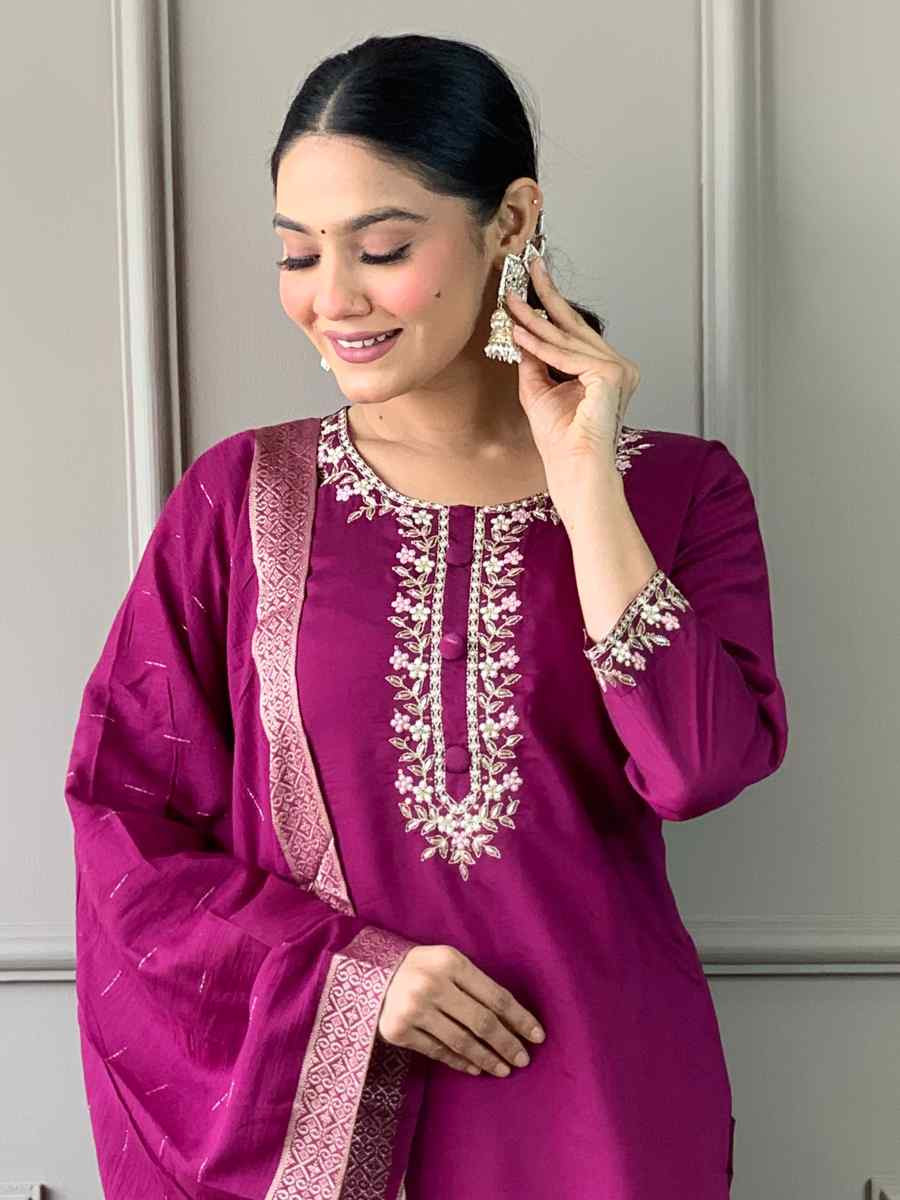 Wine Viscose Chanderi Embroidered Festival Casual Ready Pant Salwar Kameez