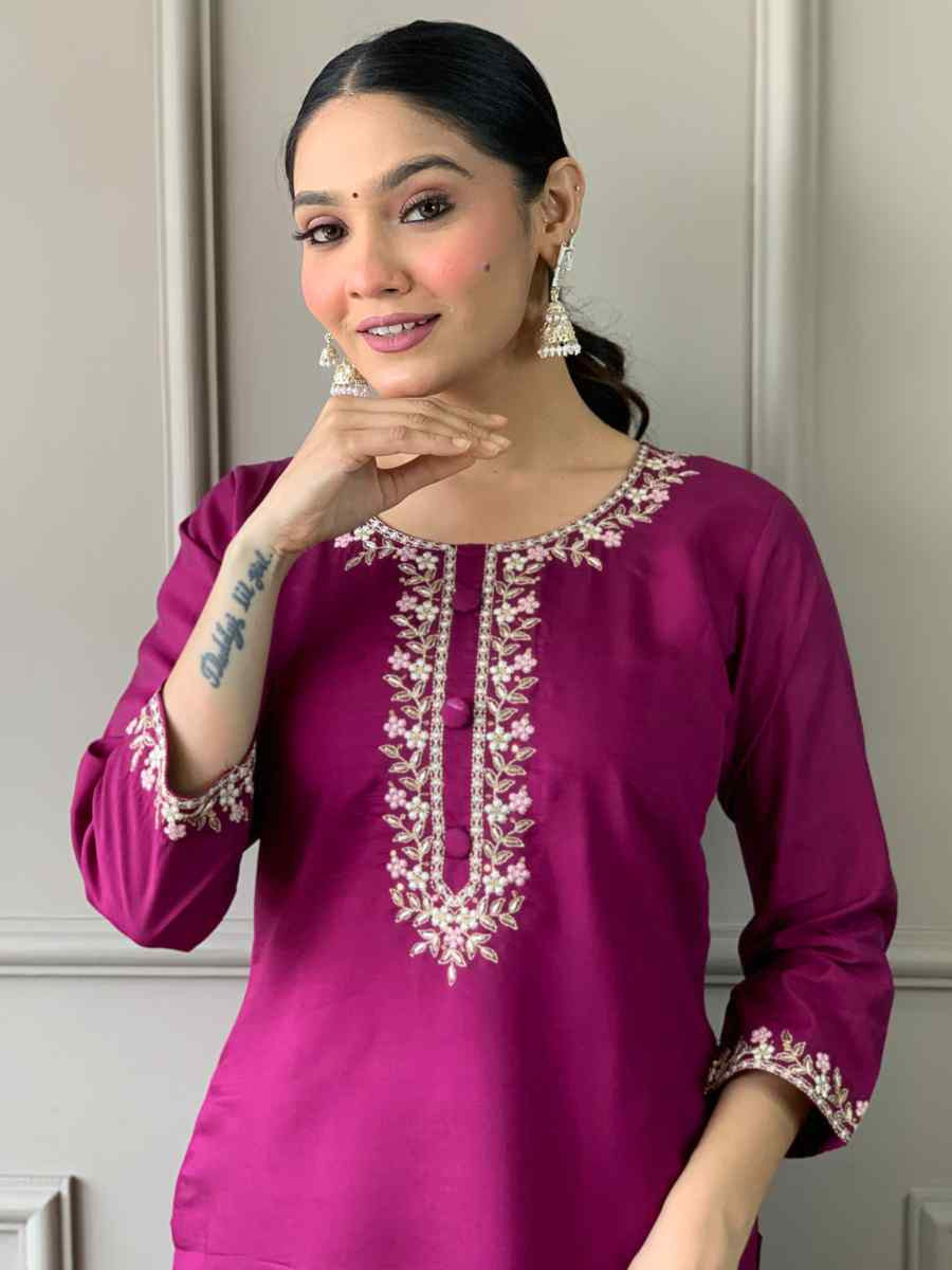 Wine Viscose Chanderi Embroidered Festival Casual Ready Pant Salwar Kameez