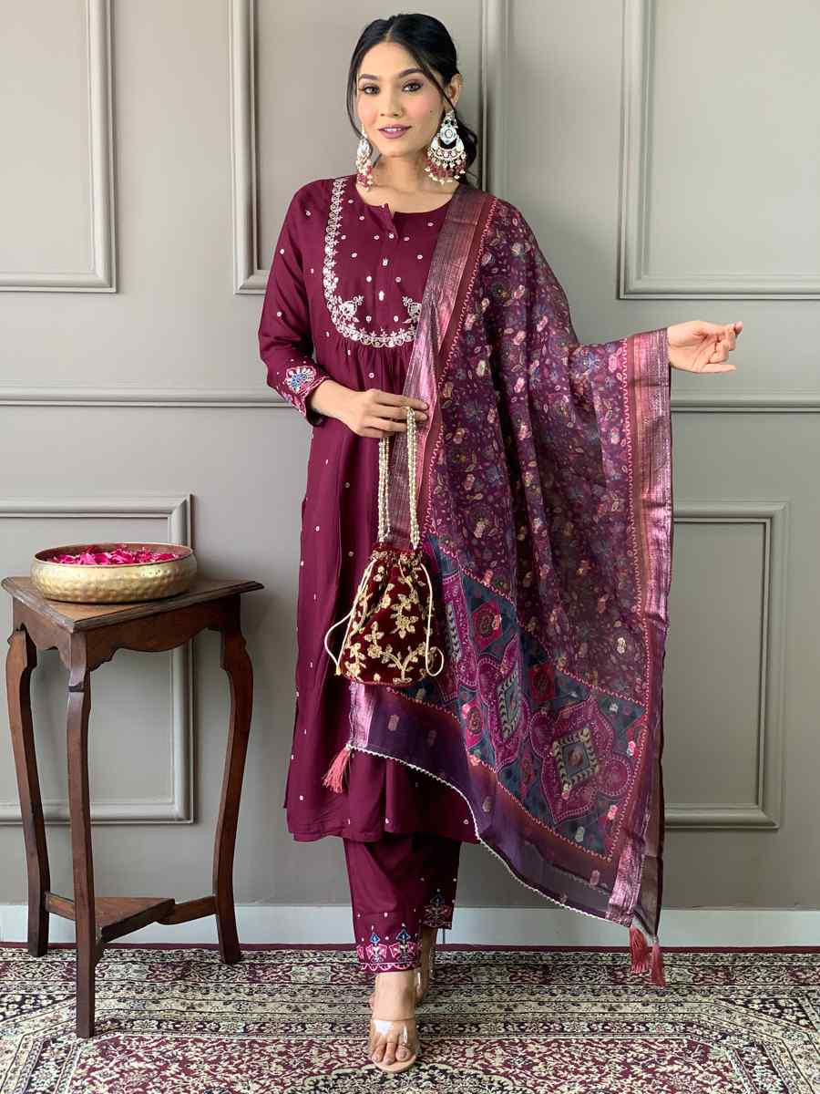 Wine Viscose Chanderi Embroidered Festival Casual Ready Pant Salwar Kameez