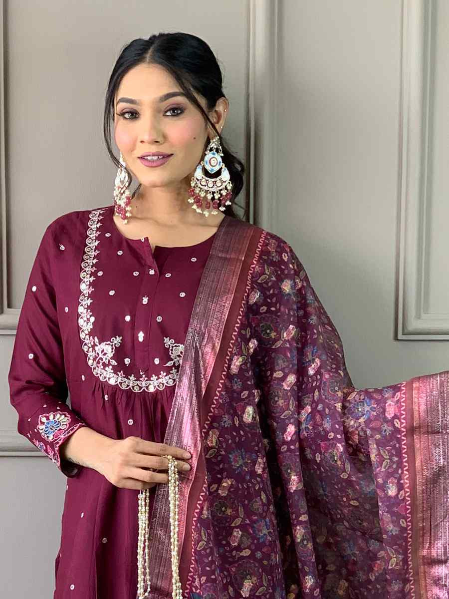Wine Viscose Chanderi Embroidered Festival Casual Ready Pant Salwar Kameez