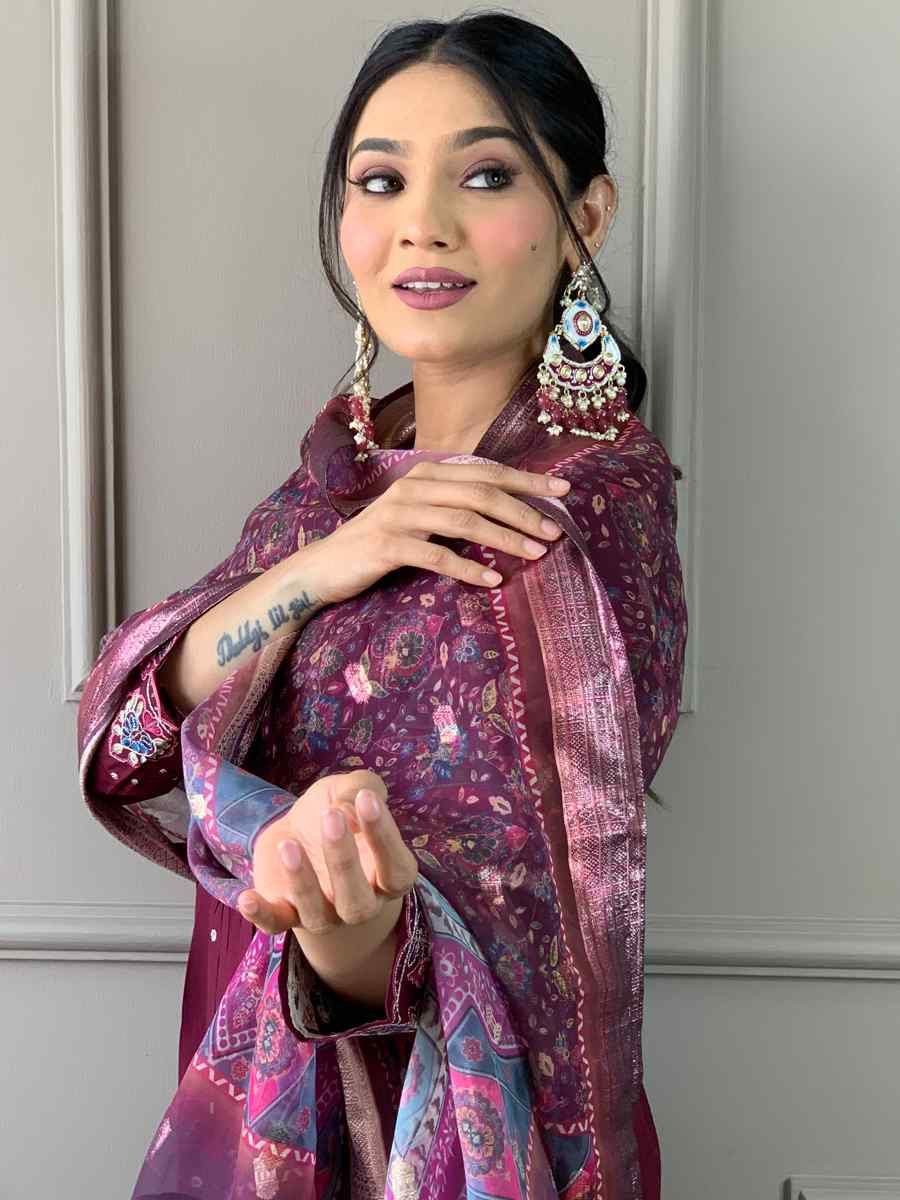 Wine Viscose Chanderi Embroidered Festival Casual Ready Pant Salwar Kameez