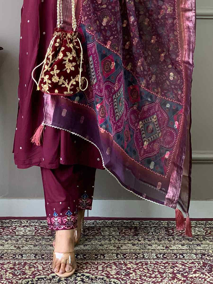 Wine Viscose Chanderi Embroidered Festival Casual Ready Pant Salwar Kameez