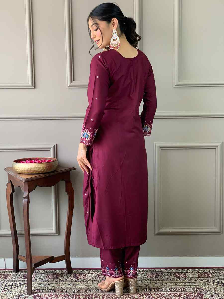 Wine Viscose Chanderi Embroidered Festival Casual Ready Pant Salwar Kameez