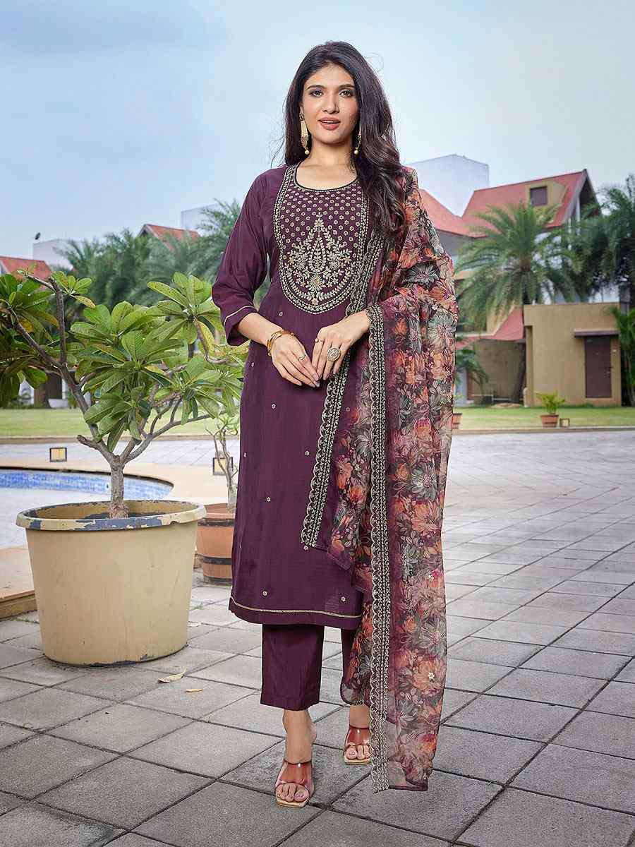 Wine Viscose Chanderi Embroidery Party Wedding Festival Casual Ready Pant Salwar Kameez