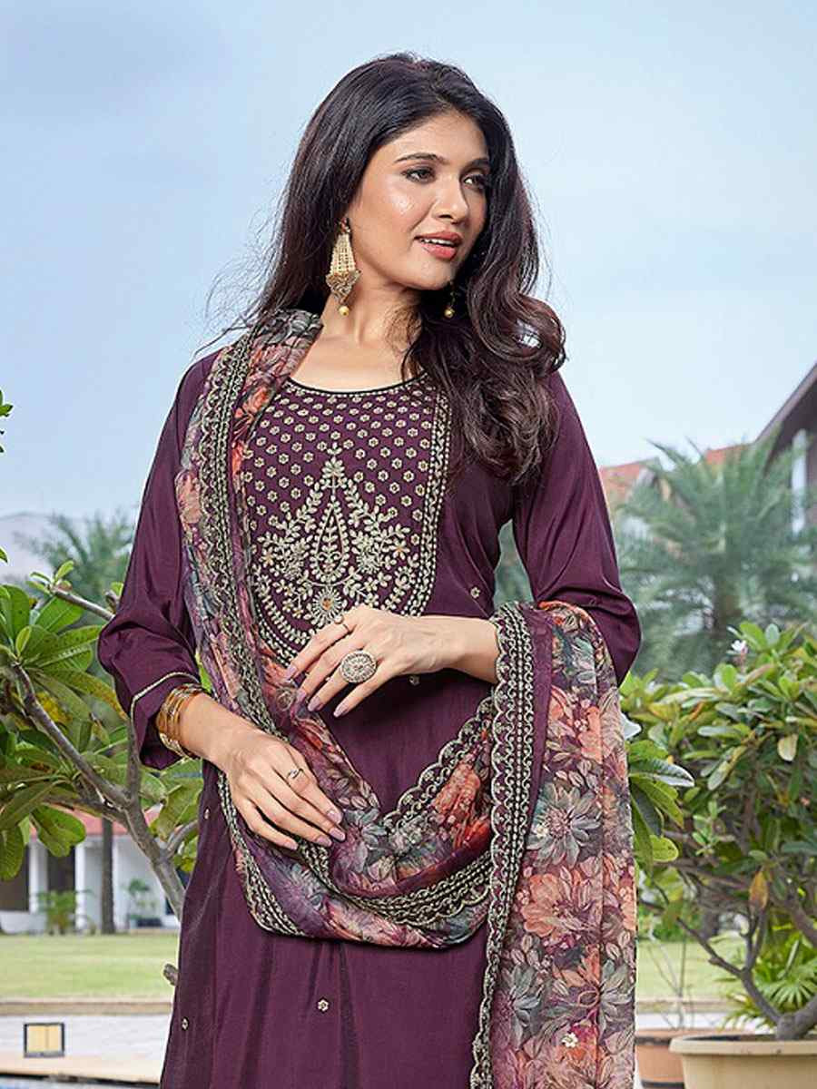 Wine Viscose Chanderi Embroidery Party Wedding Festival Casual Ready Pant Salwar Kameez