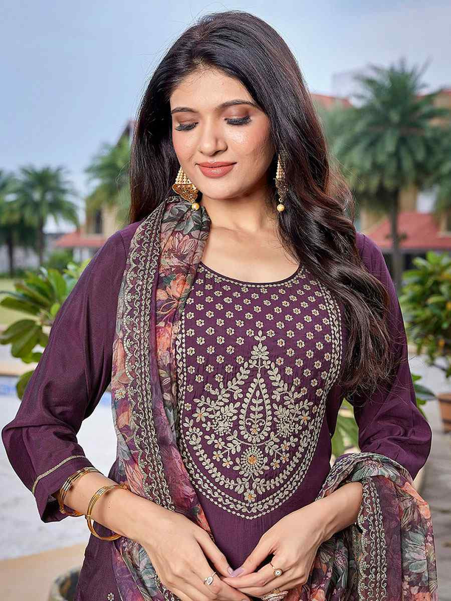 Wine Viscose Chanderi Embroidery Party Wedding Festival Casual Ready Pant Salwar Kameez