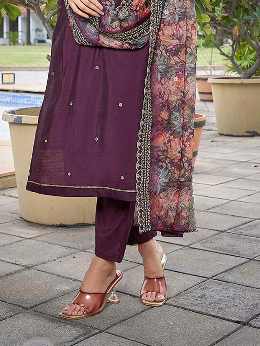 Wine Viscose Chanderi Embroidery Party Wedding Festival Casual Ready Pant Salwar Kameez