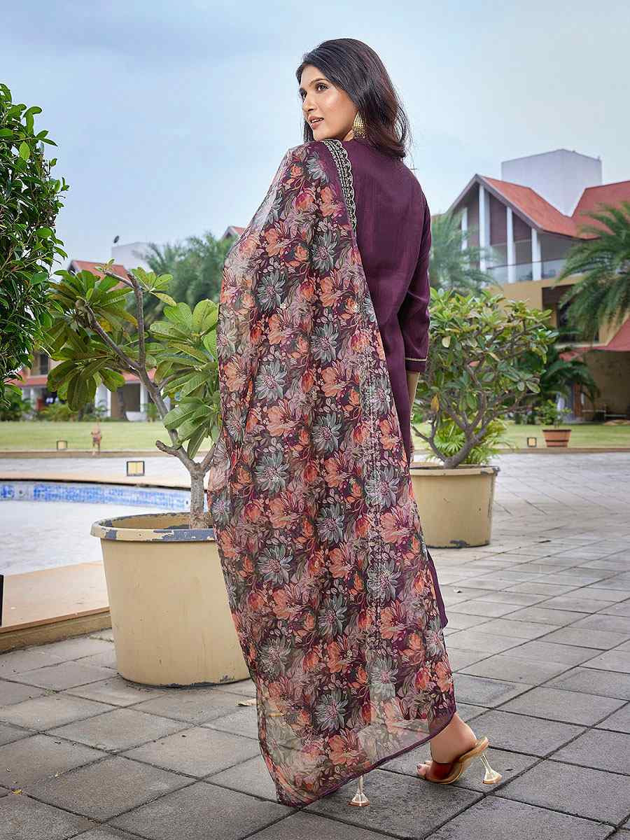 Wine Viscose Chanderi Embroidery Party Wedding Festival Casual Ready Pant Salwar Kameez
