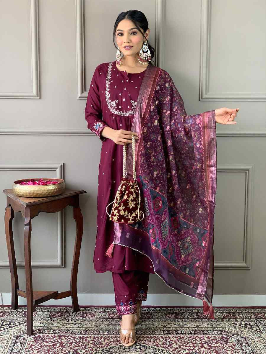 Wine Viscose Chanderi Printed Party Casual Ready Pant Salwar Kameez