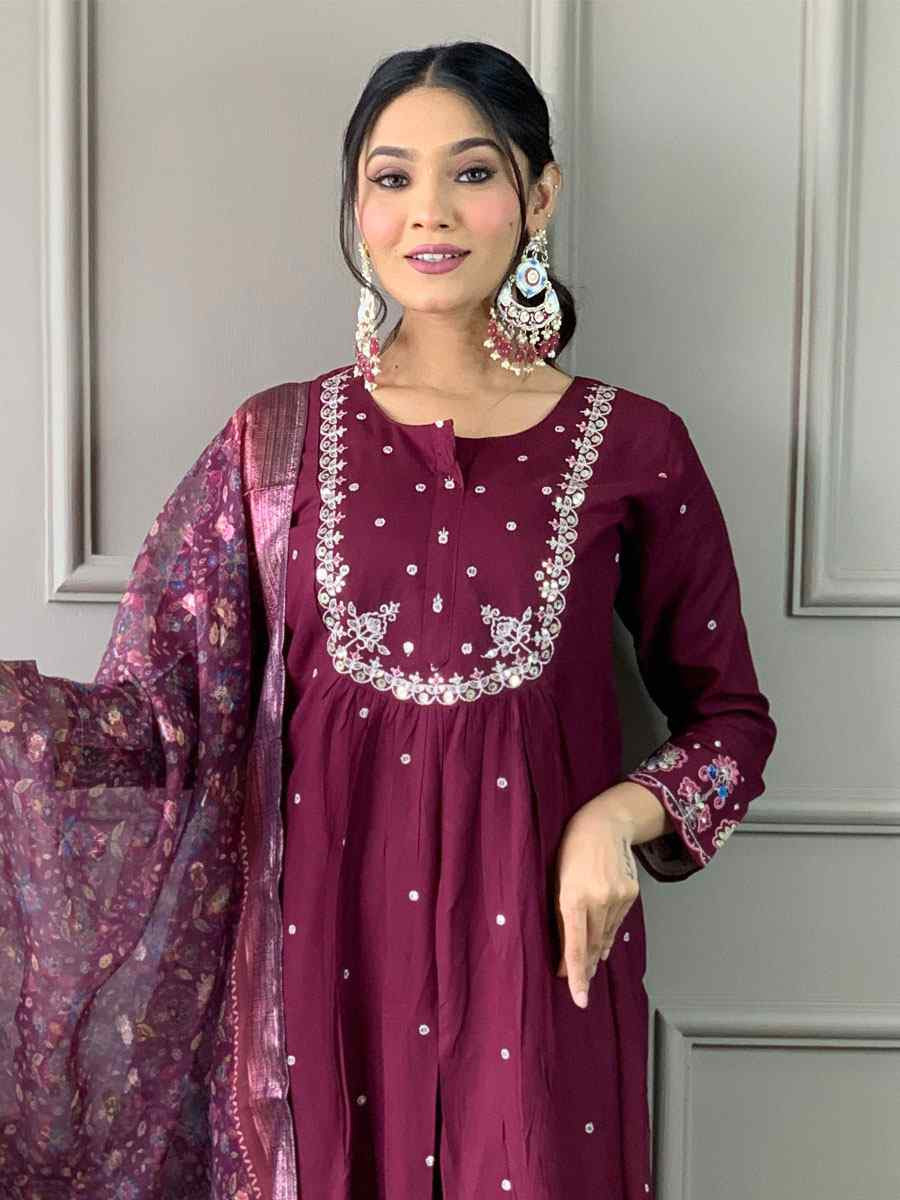 Wine Viscose Chanderi Printed Party Casual Ready Pant Salwar Kameez