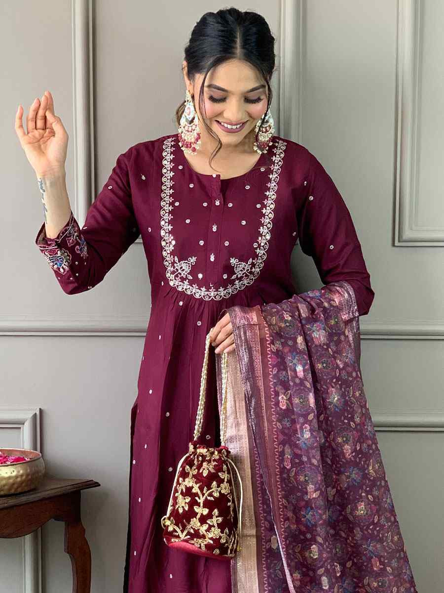Wine Viscose Chanderi Printed Party Casual Ready Pant Salwar Kameez