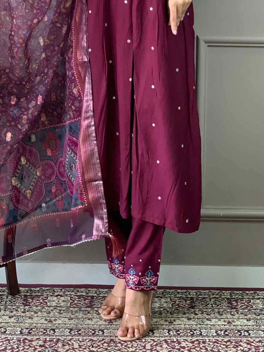 Wine Viscose Chanderi Printed Party Casual Ready Pant Salwar Kameez