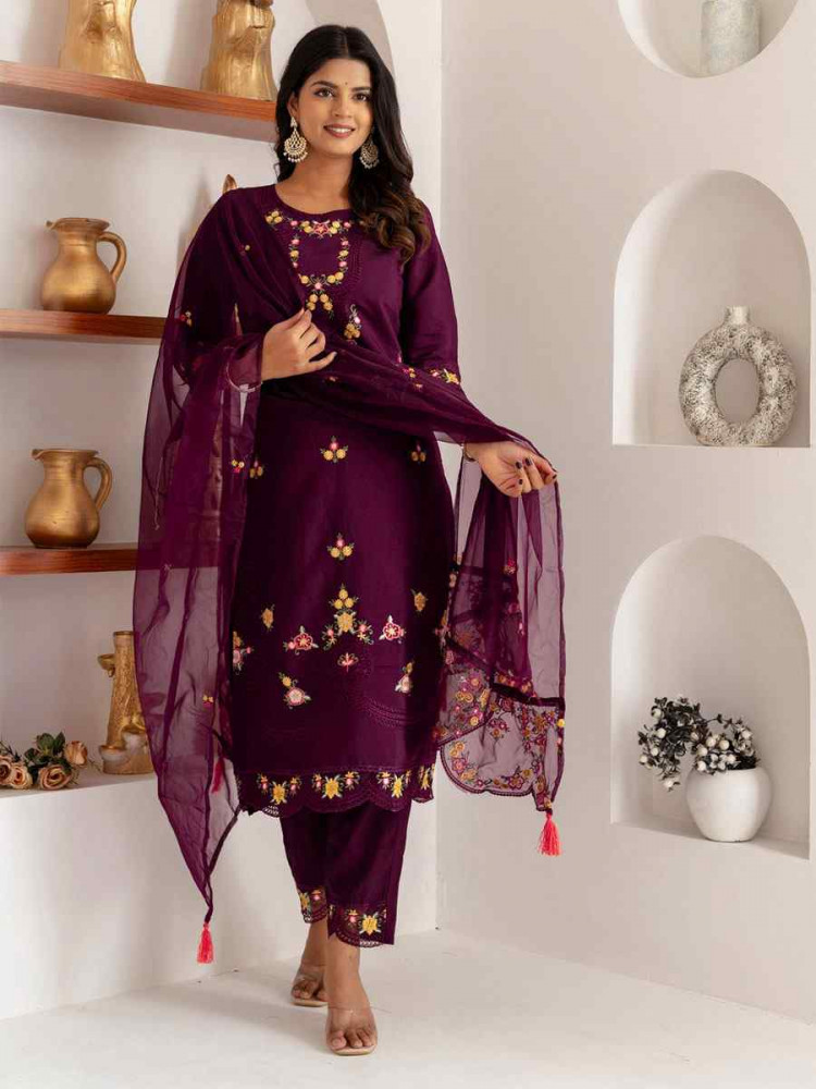 Image of Wine Viscose Silk Embroidery Party Wedding Festival Casual Ready Pant Salwar Kameez