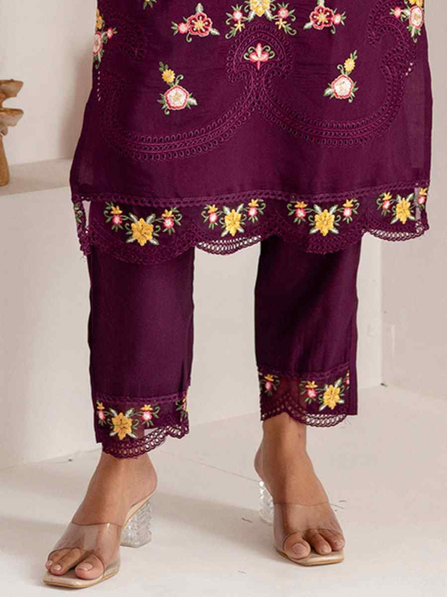 Wine Viscose Silk Embroidery Party Wedding Festival Casual Ready Pant Salwar Kameez