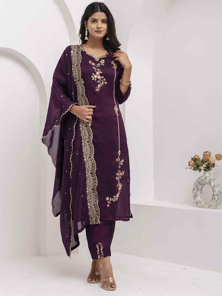 Wine Viscose Silk Embroidery Party Wedding Festival Casual Ready Pant Salwar Kameez