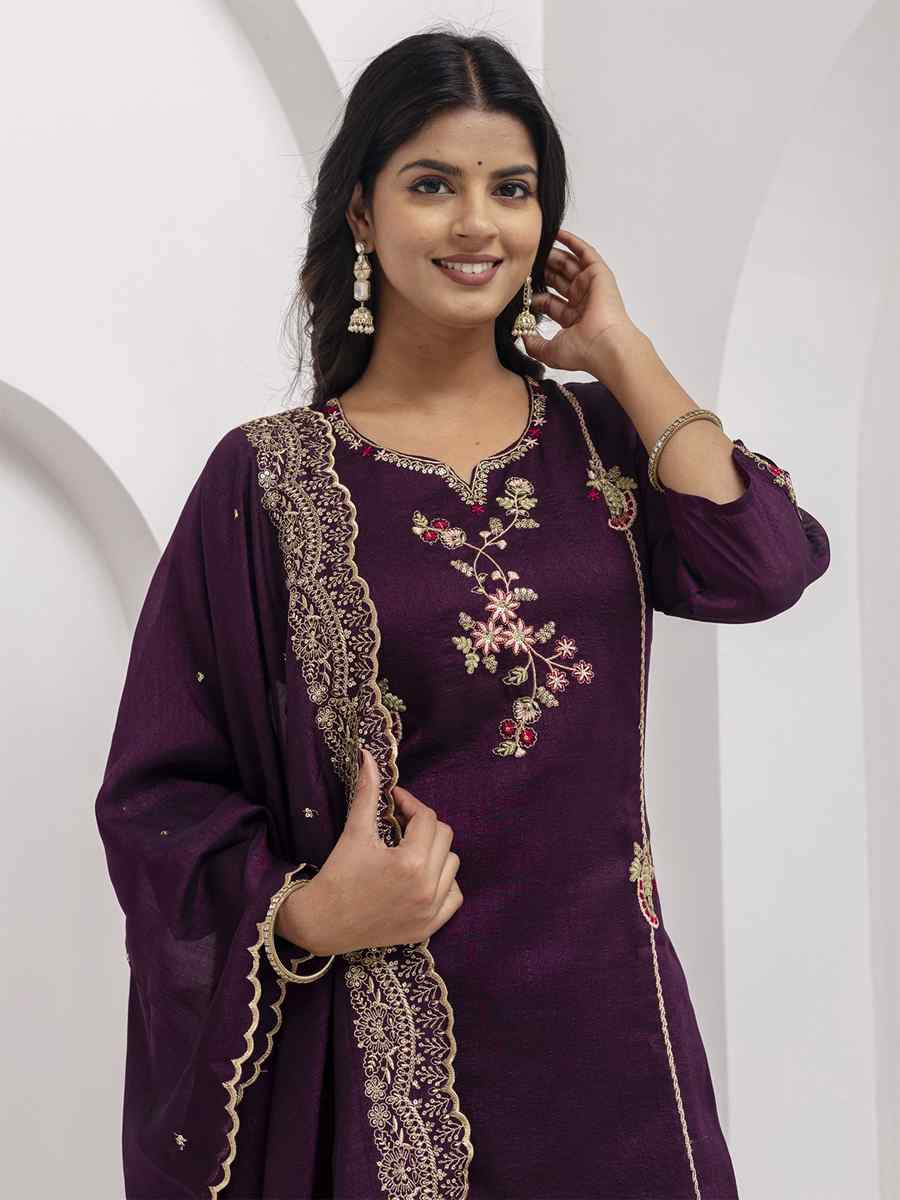 Wine Viscose Silk Embroidery Party Wedding Festival Casual Ready Pant Salwar Kameez