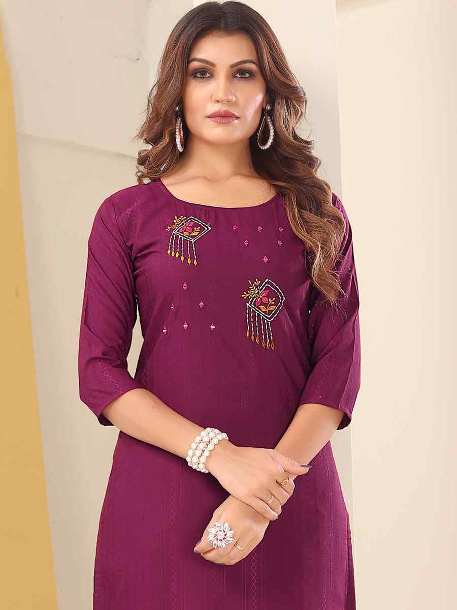 Wine Vision Silk Embroidered Festival Casual Kurti