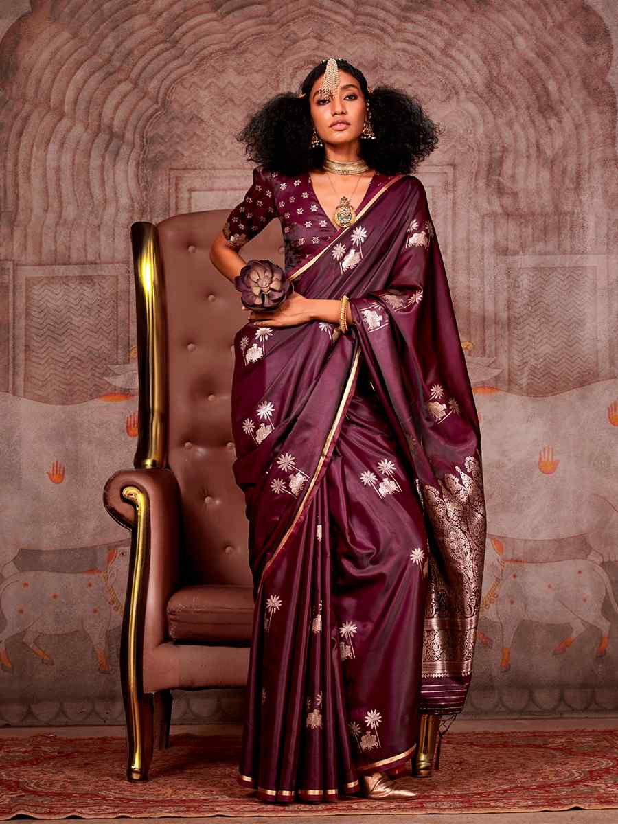 Wine Zari Tissue Handwoven Festival Wedding Heavy Border Saree
