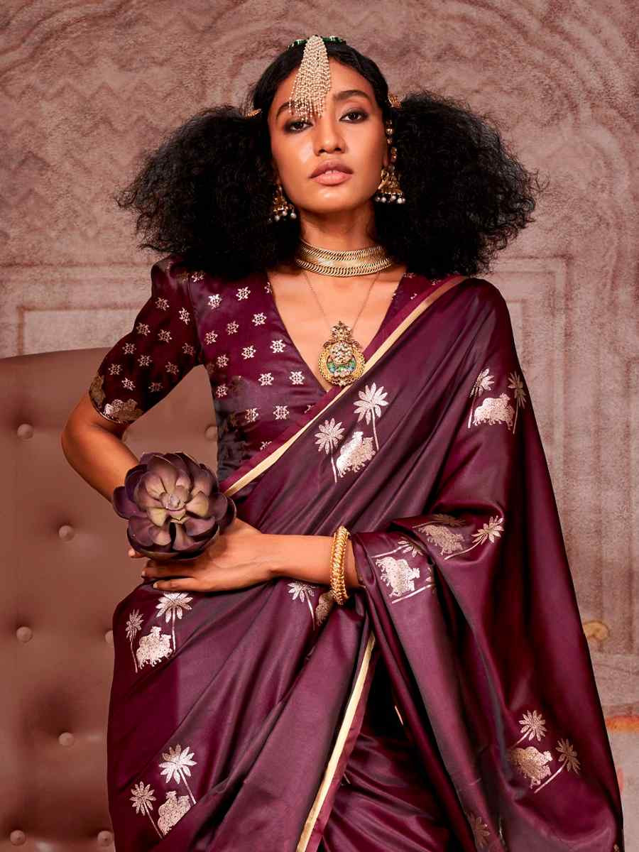 Wine Zari Tissue Handwoven Festival Wedding Heavy Border Saree