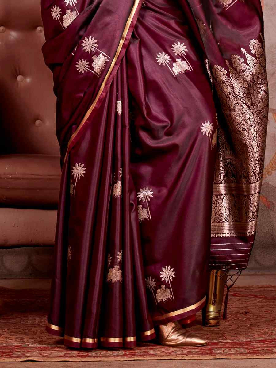 Wine Zari Tissue Handwoven Festival Wedding Heavy Border Saree