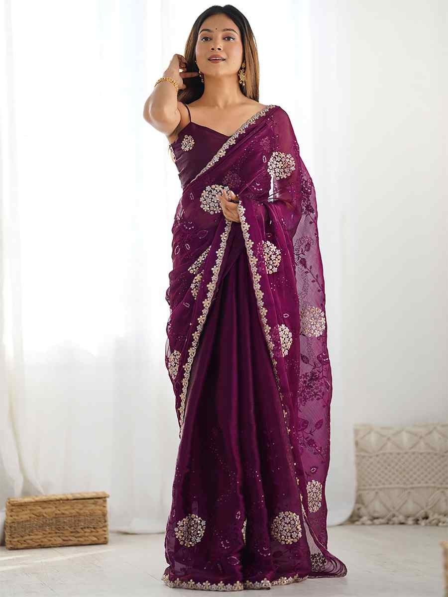 Wine Zimmy choo chiffon Handwoven Embroidered Festival Wedding Heavy Border Saree