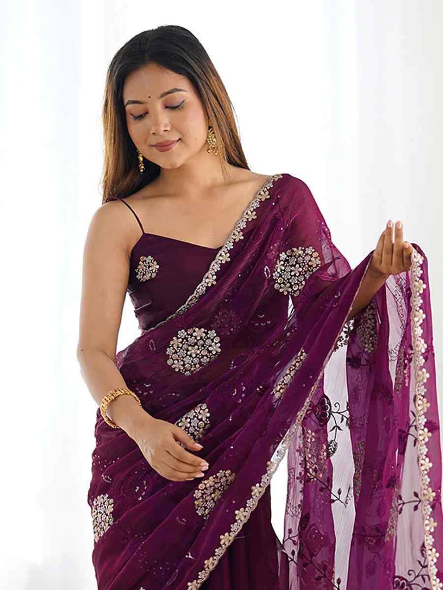 Wine Zimmy choo chiffon Handwoven Embroidered Festival Wedding Heavy Border Saree