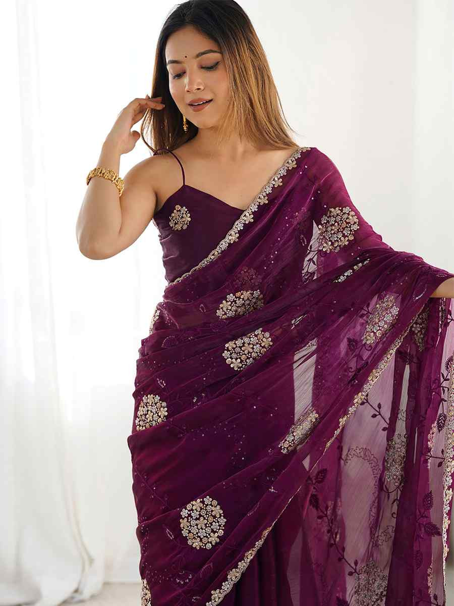 Wine Zimmy choo chiffon Handwoven Embroidered Festival Wedding Heavy Border Saree
