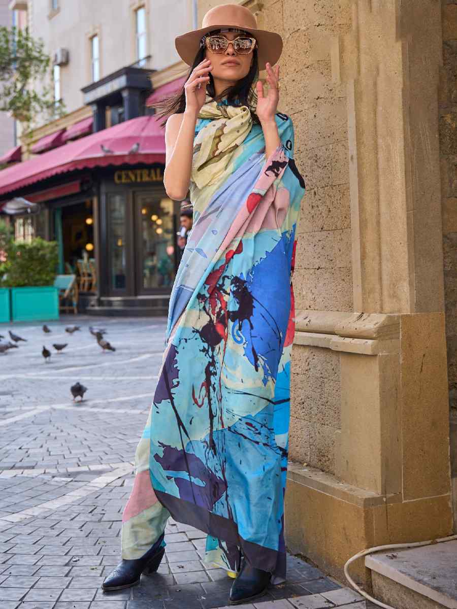 Winter Blue Pure Crepe Silk Printed Casual Festival Contemporary Saree