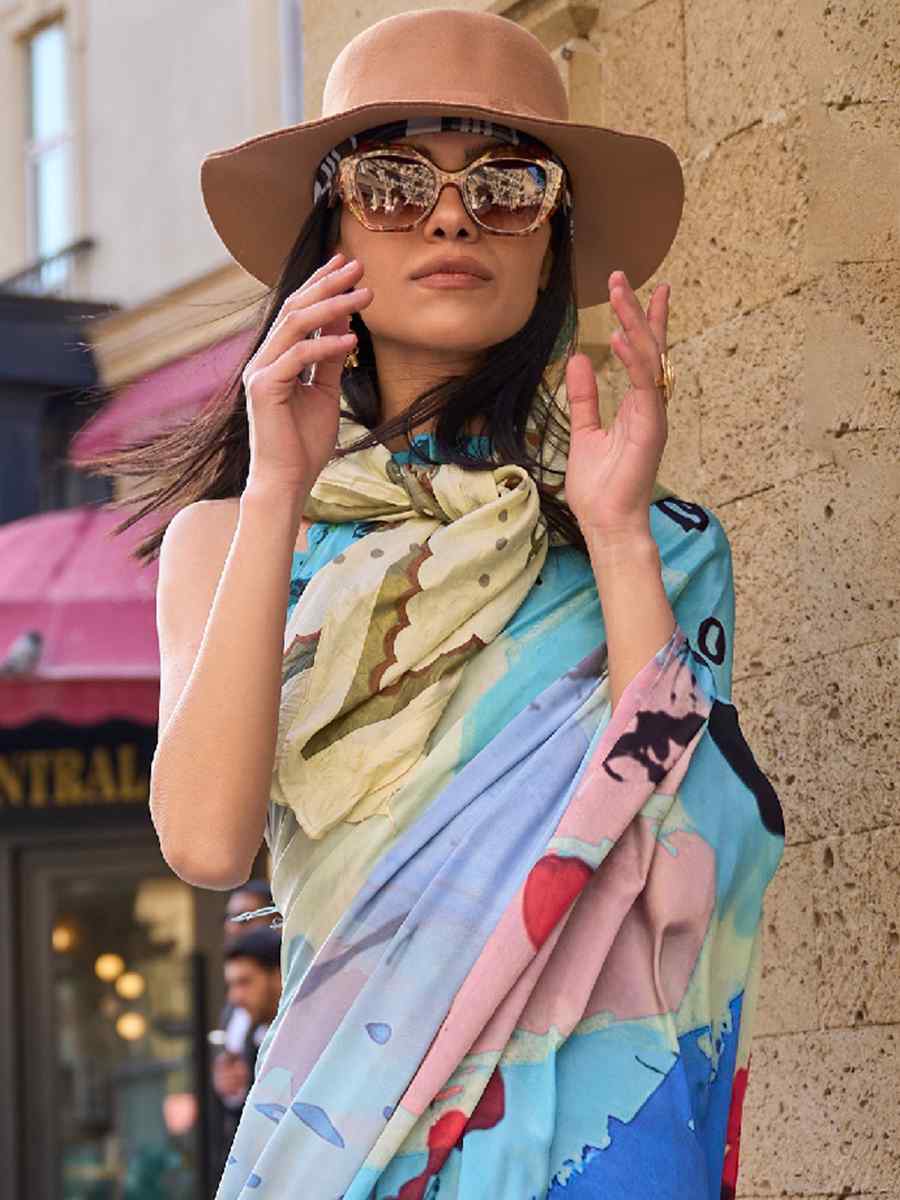 Winter Blue Pure Crepe Silk Printed Casual Festival Contemporary Saree