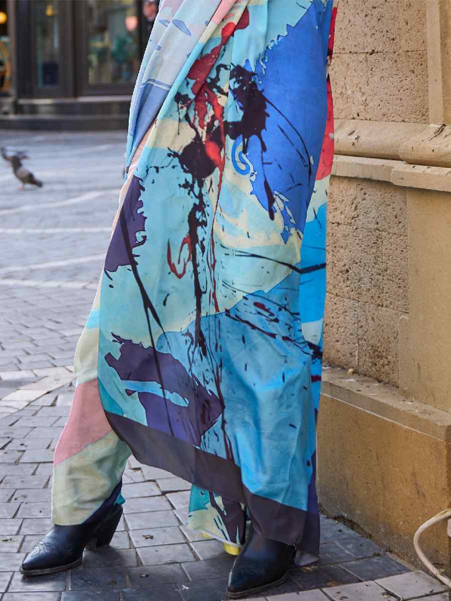 Winter Blue Pure Crepe Silk Printed Casual Festival Contemporary Saree