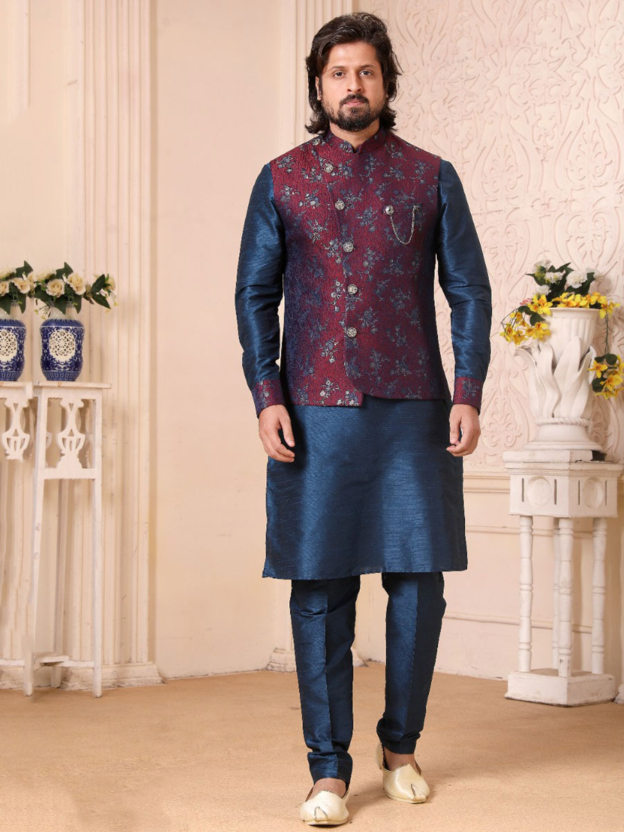 Yale Blue Banarasi Silk Wedding And Festival Plain Kurta with Waistcoat