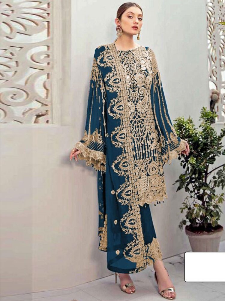 Yale Blue Faux Georgette Embroidered Festival Pant Kameez