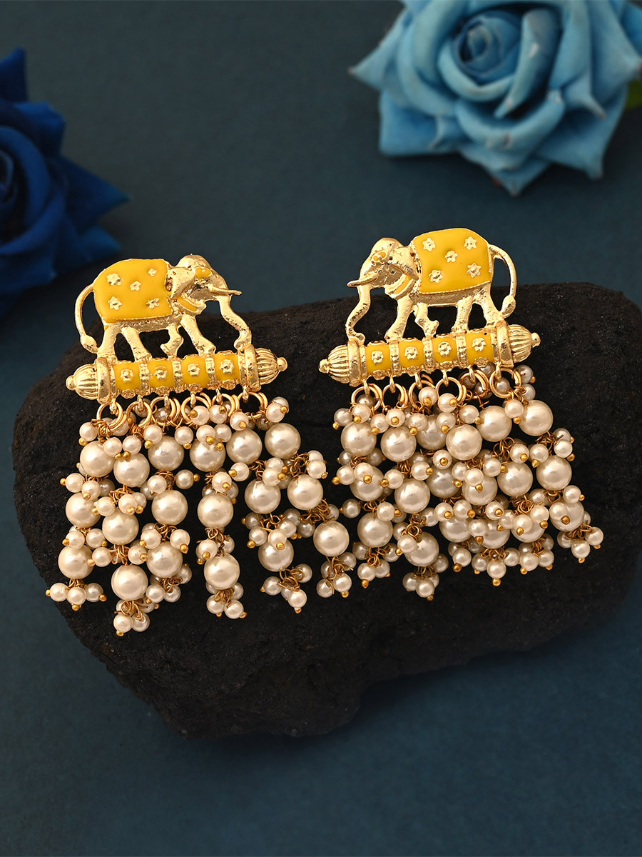 Yellow Alloy Alloy Meenakari Pearls Traditional Festival Party Wedding 1 Pair Earrings