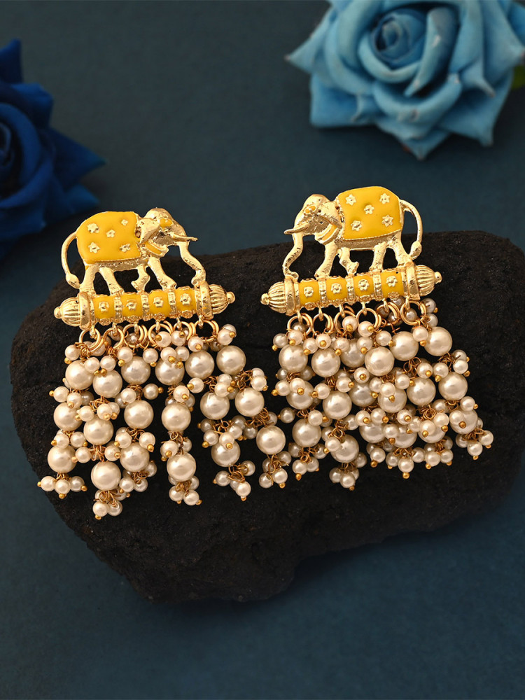 Image of Yellow Alloy Alloy Meenakari Pearls Traditional Festival Party Wedding 1 Pair Earrings