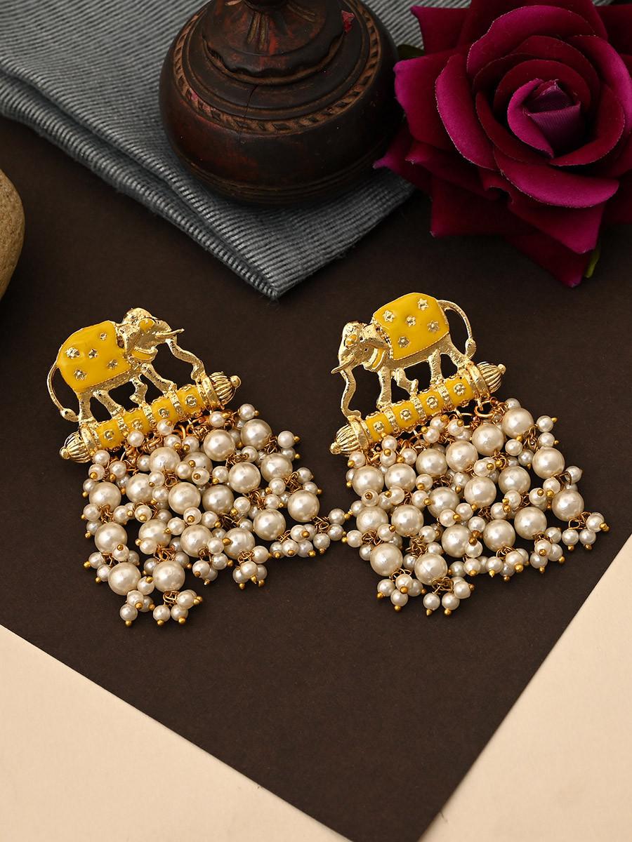 Yellow Alloy Alloy Meenakari Pearls Traditional Festival Party Wedding 1 Pair Earrings