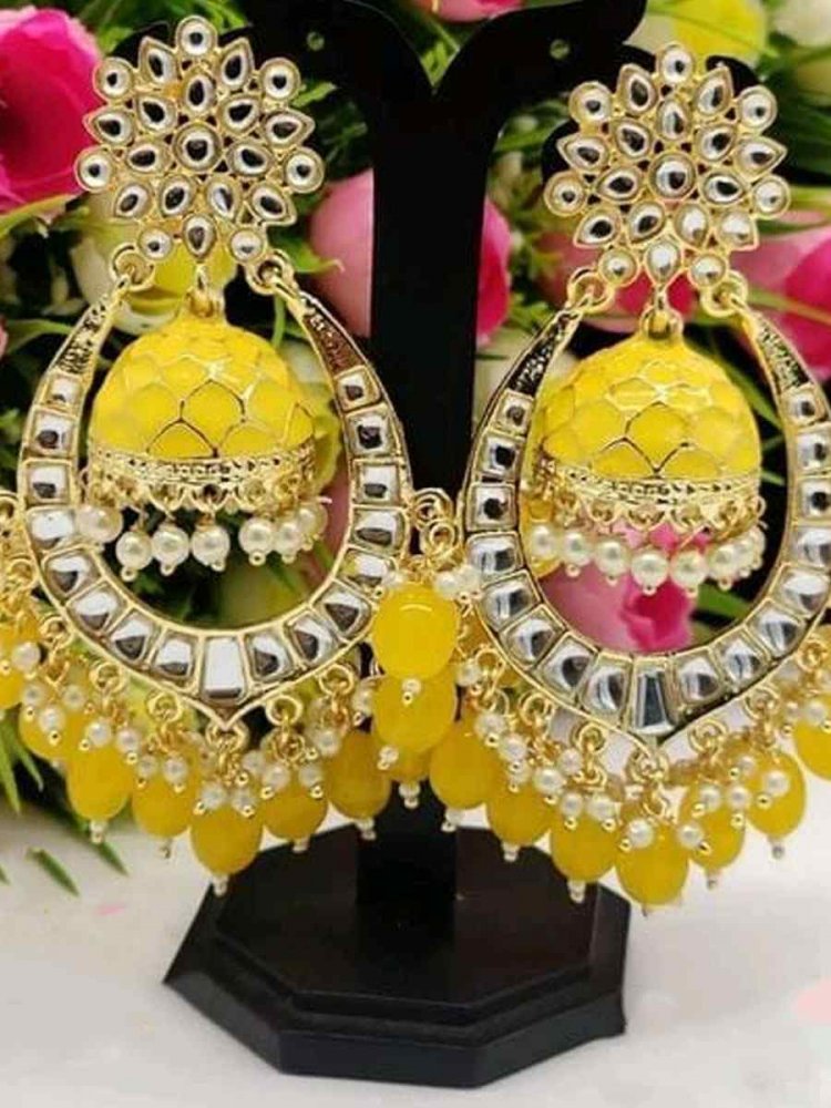 Yellow Alloy Bridal Wear Kundan Jhumkas