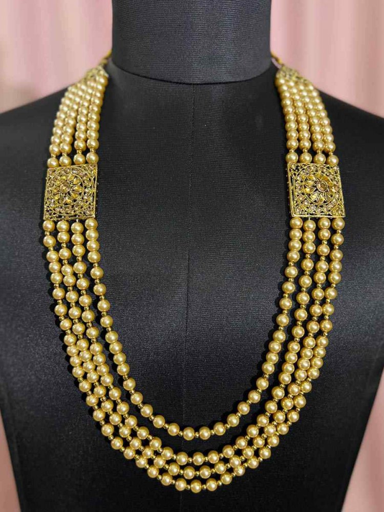 Yellow Alloy Moti Wedding Wear Pearls Necklace