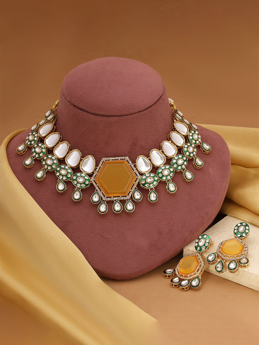 Yellow Alloy Wedding Party Festival Wear Meenakari Gemstone Kundan Necklace
