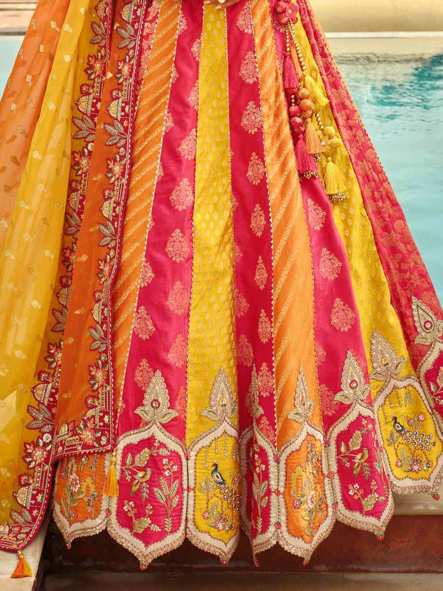 Yellow And Pink Heavy Pure Silk Embroidered Wedding Reception Festival Heavy Border Lehenga Choli