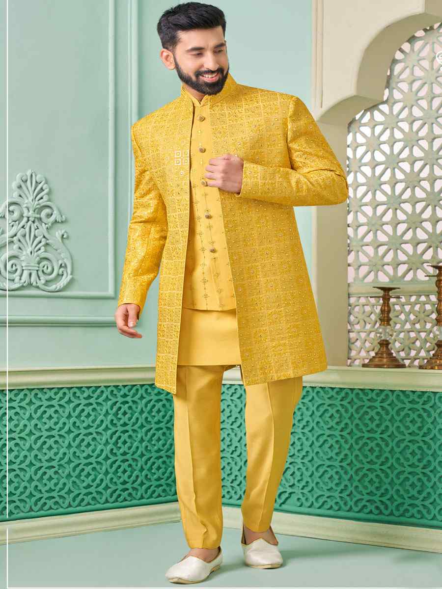 Yellow Art Banarasi Silk Embroidered Festival Party Kurta