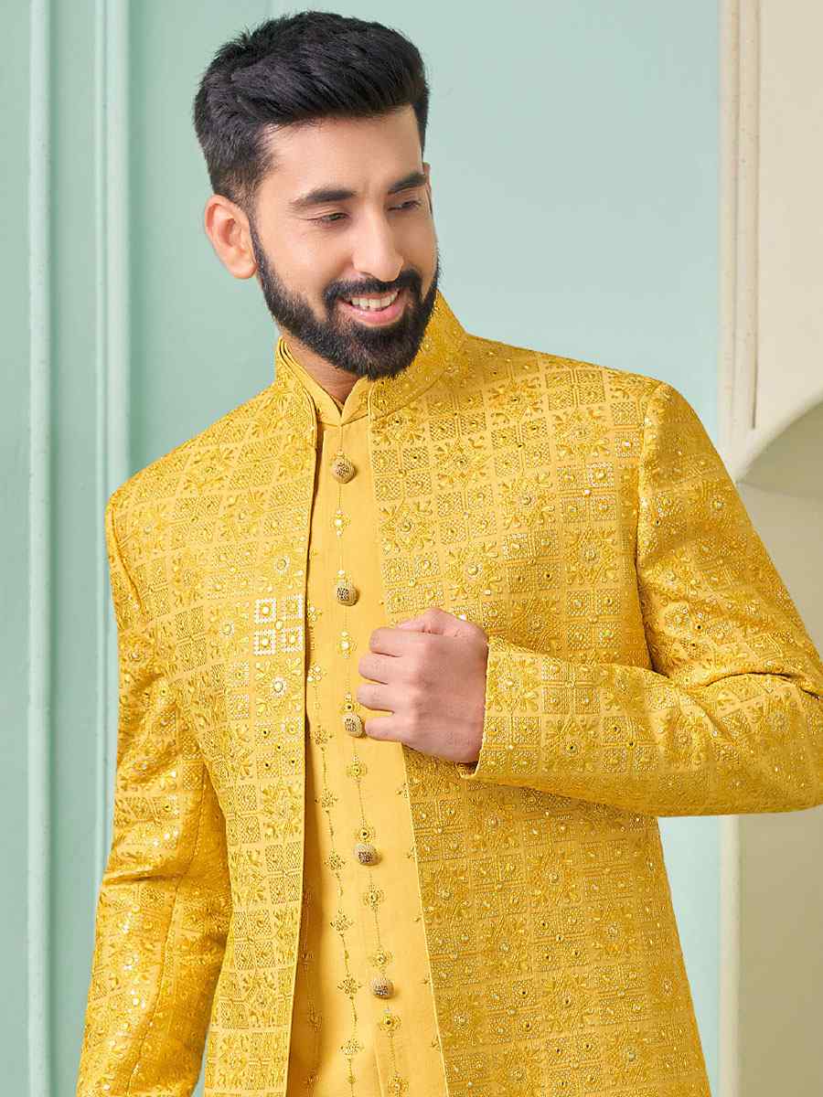 Yellow Art Banarasi Silk Embroidered Festival Party Kurta