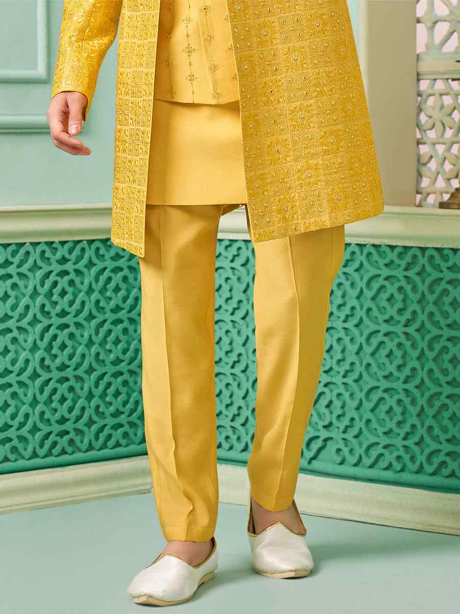 Yellow Art Banarasi Silk Embroidered Festival Party Kurta