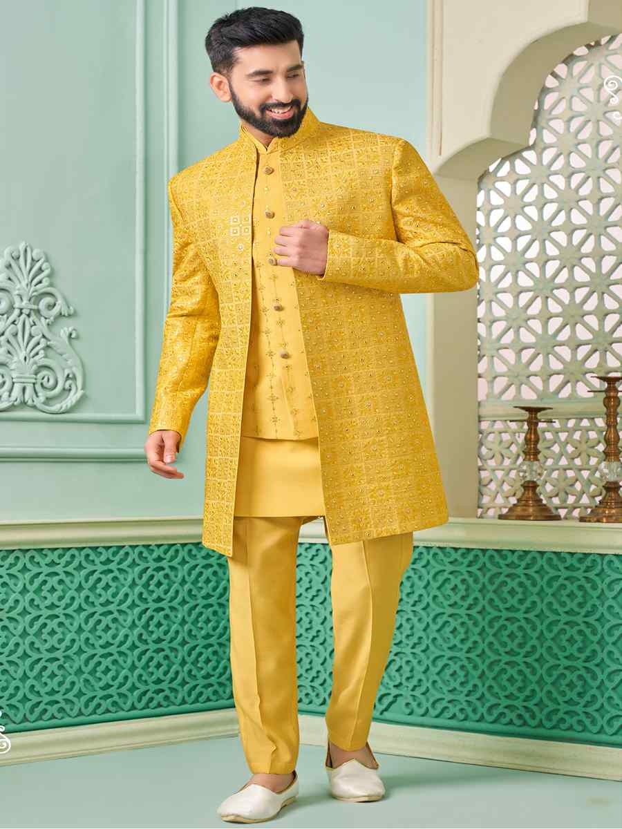 Yellow Art Banarasi Silk Embroidered Festival Wedding Sherwani